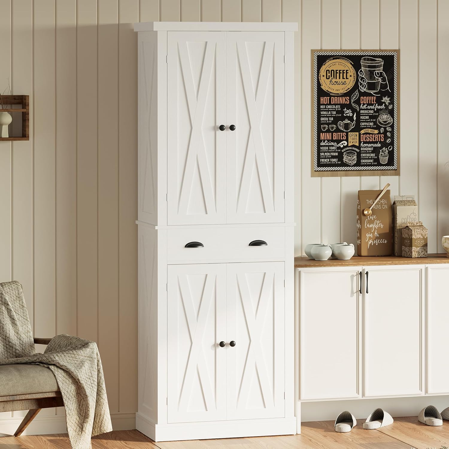 IRONCK Kitchen Pantry Storage Cabinet 72.6' H x 24' W, with Barn Doors, Drawer, 4 Adjustable Shelves, Freestanding Cupboard, Laundry, White
