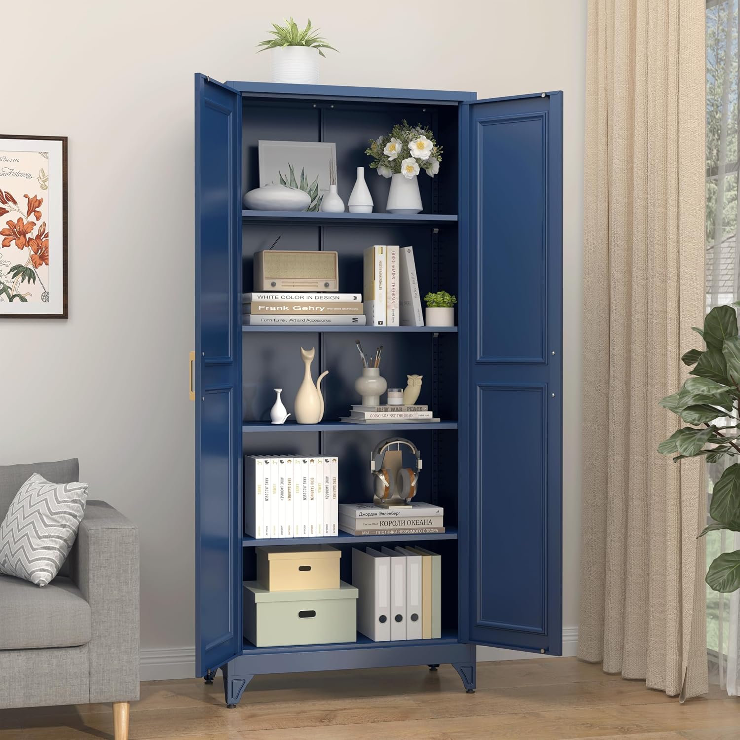 SteeLoong 75'Kitchen Pantry Cabinet,Blue Metal Storage Cabinets with Doors and 4 Adjustable Shelves,Kitchen Cabinet with 2 Gold Handles,Tall Cabinet for Livingroom,Pantry, Bathroom