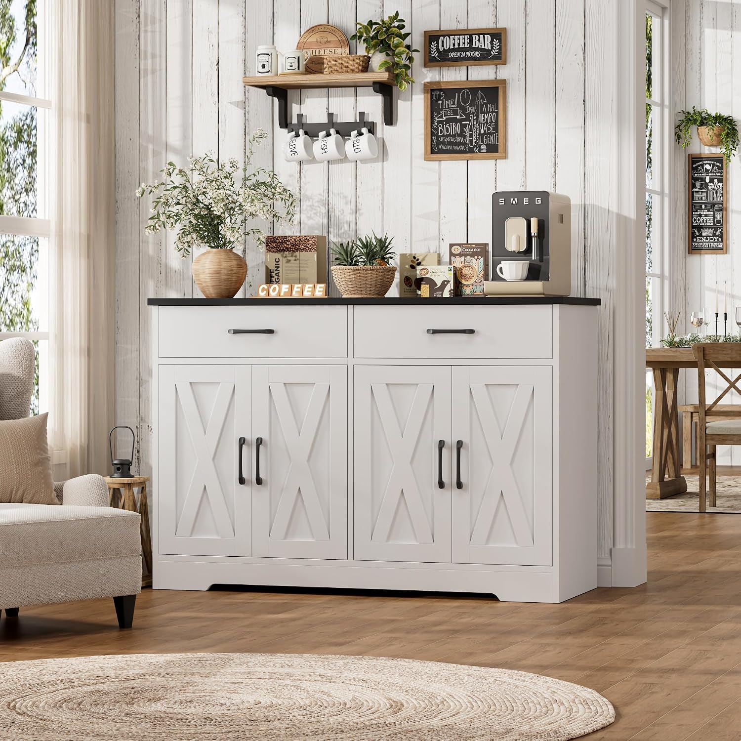 HOSTACK Buffet Cabinet with Storage, 47.2' Kitchen Sideboard Buffet with Drawers, Modern Farmhouse Coffee Bar Station with Shelves, Barn Doors Storage Cabinet for Living Room, White/Black
