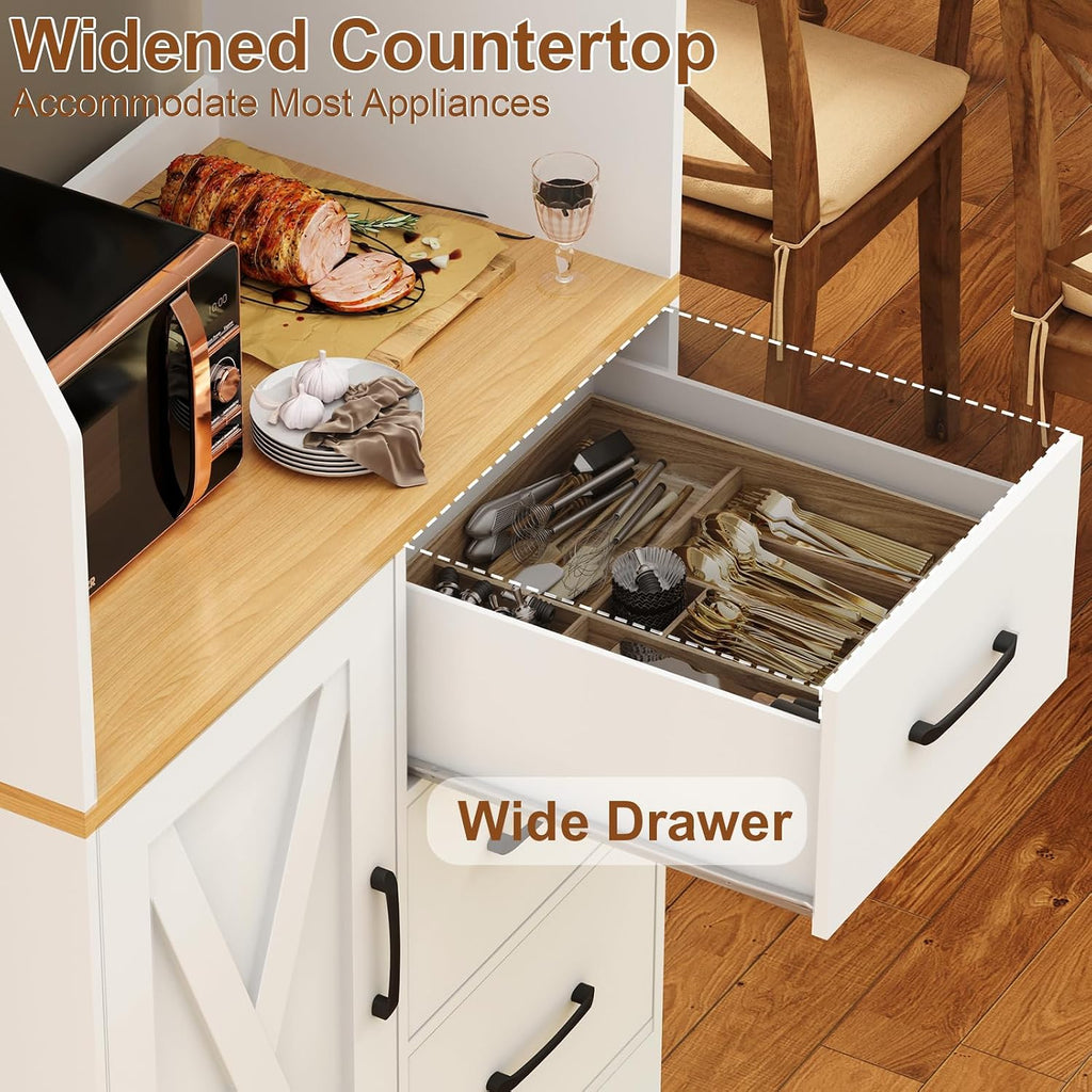DreamDashio Pantry Cabinet with Adjustable Shelves and 3 Drawers, Tall Kitchen Pantry Storage Cabinet with LED Light & Charging Station, Kitchen Hutch with Microwave Shelf & 6 Hooks for Dining Room