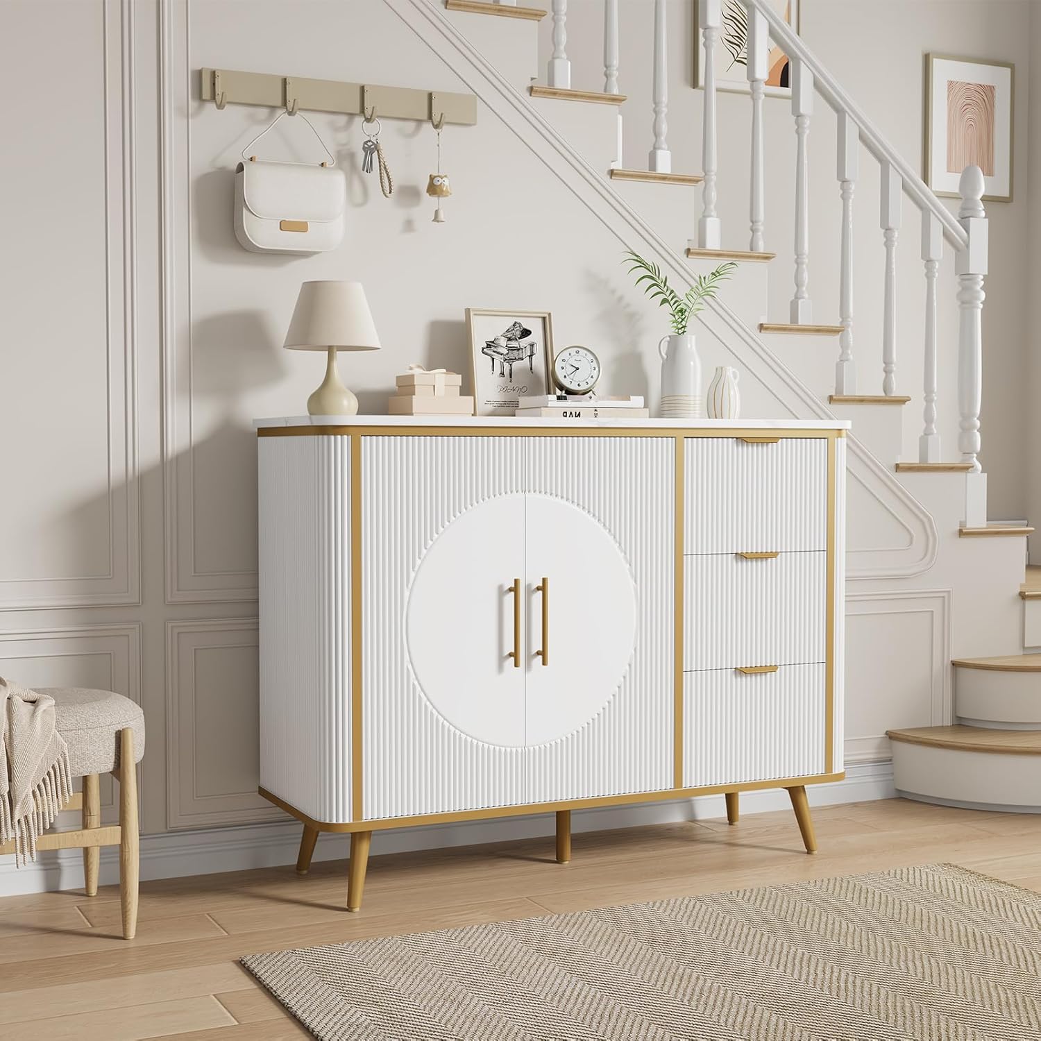 47.3' Modern Buffet Cabinet with Storage, Kitchen Sideboard Buffet with 2 Door & 3 Drawers, Fluted Caffee Bar Storage Cabinet for Dining Room, Living Room, Entryway, White