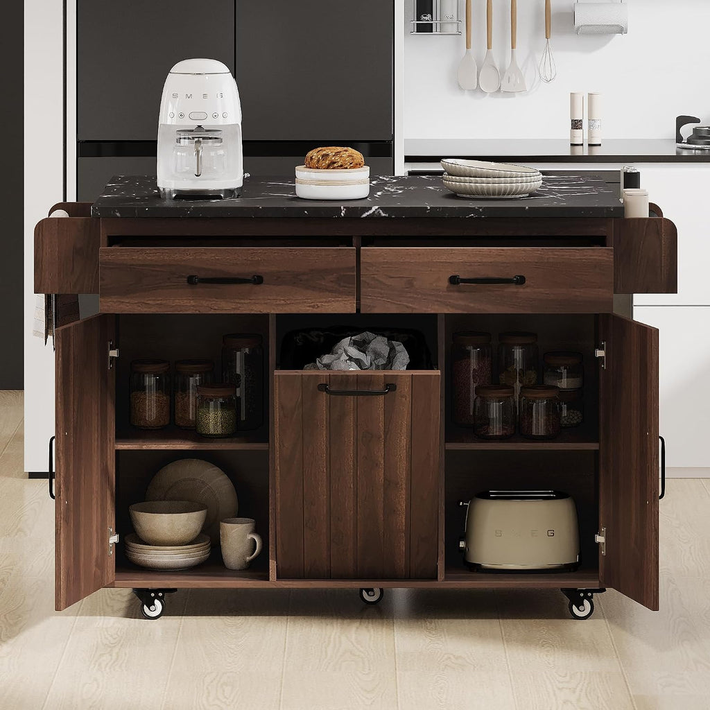 Rolling Kitchen Island Carton Wheels with Trash Can Storage Cabinet, Drop Leaf, Spice Rack, Towel Rack, Drawer, Adjustable Shelf for Dining Room Kitchens Walnut Brown