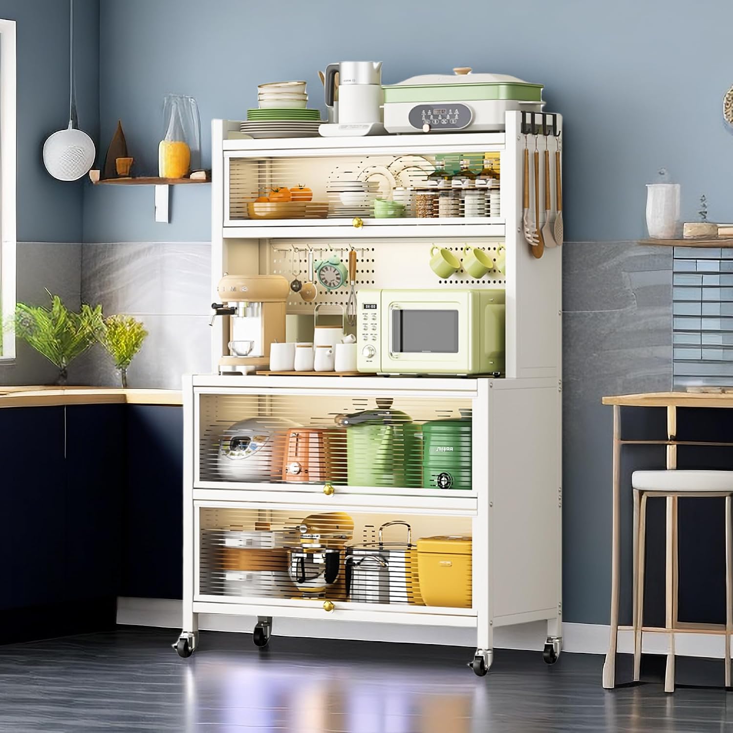 Bakers Storage Rack, Microwave Stand, Coffee Bar Cabinet with Hooks, Bakers Rack with Storage Drawer, Removable Portable Bar Table Cabinet with Wheels White One Size