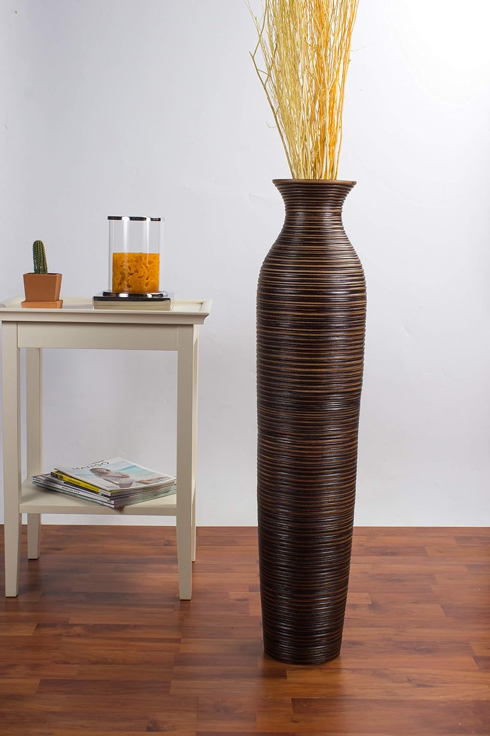 Leewadee Large Brown Home Decor Floor Vase - Wooden 34 inch Tall Farmhouse Decor Flower Holder for Fake Plant and Pampas Grass