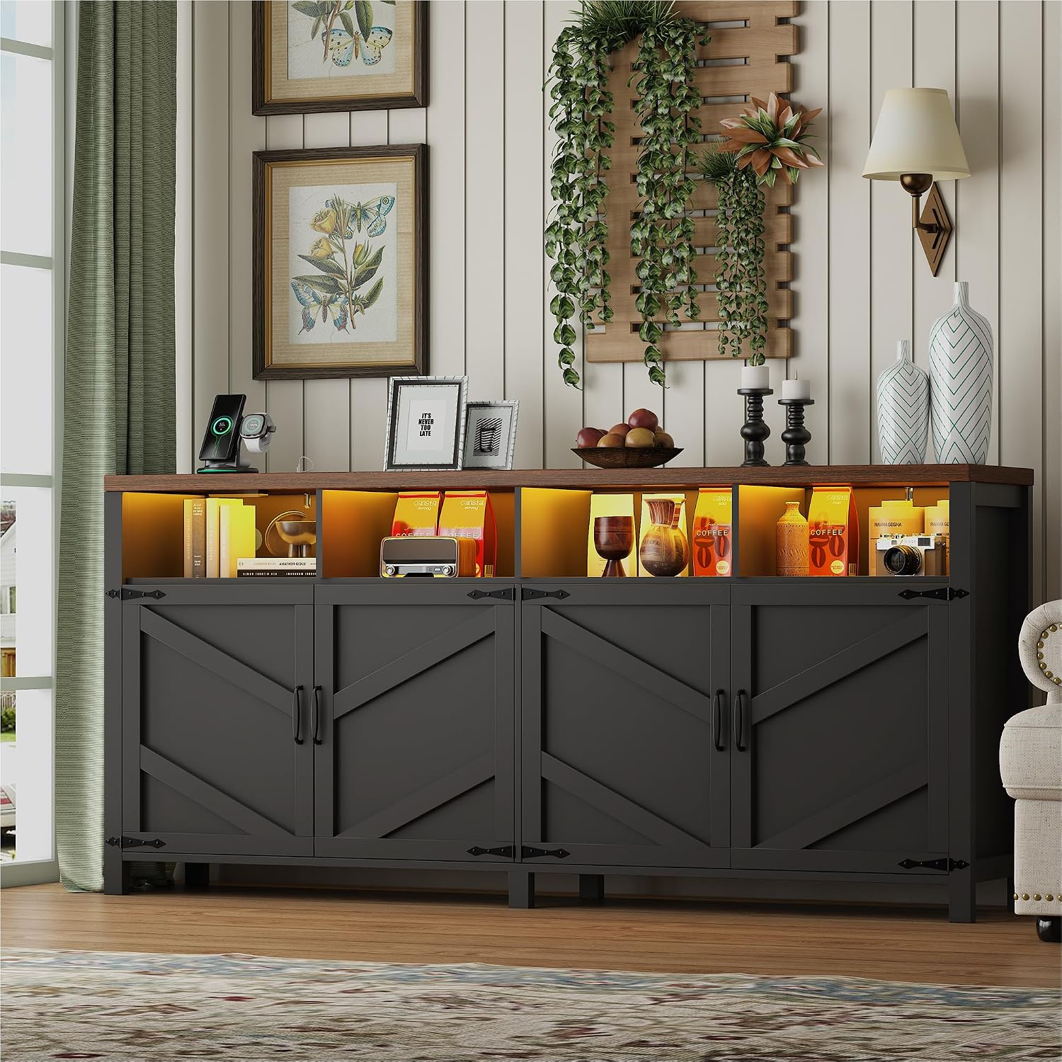 knoworld 63'' Buffet Sideboard with Storage with Power Outlets & LED Light 4 Doors, Large Farmhouse Kitchen Storage Cabinet Wood Coffee Bar Cabinet Buffet Table for Kitchen, Dining Room, Entryway