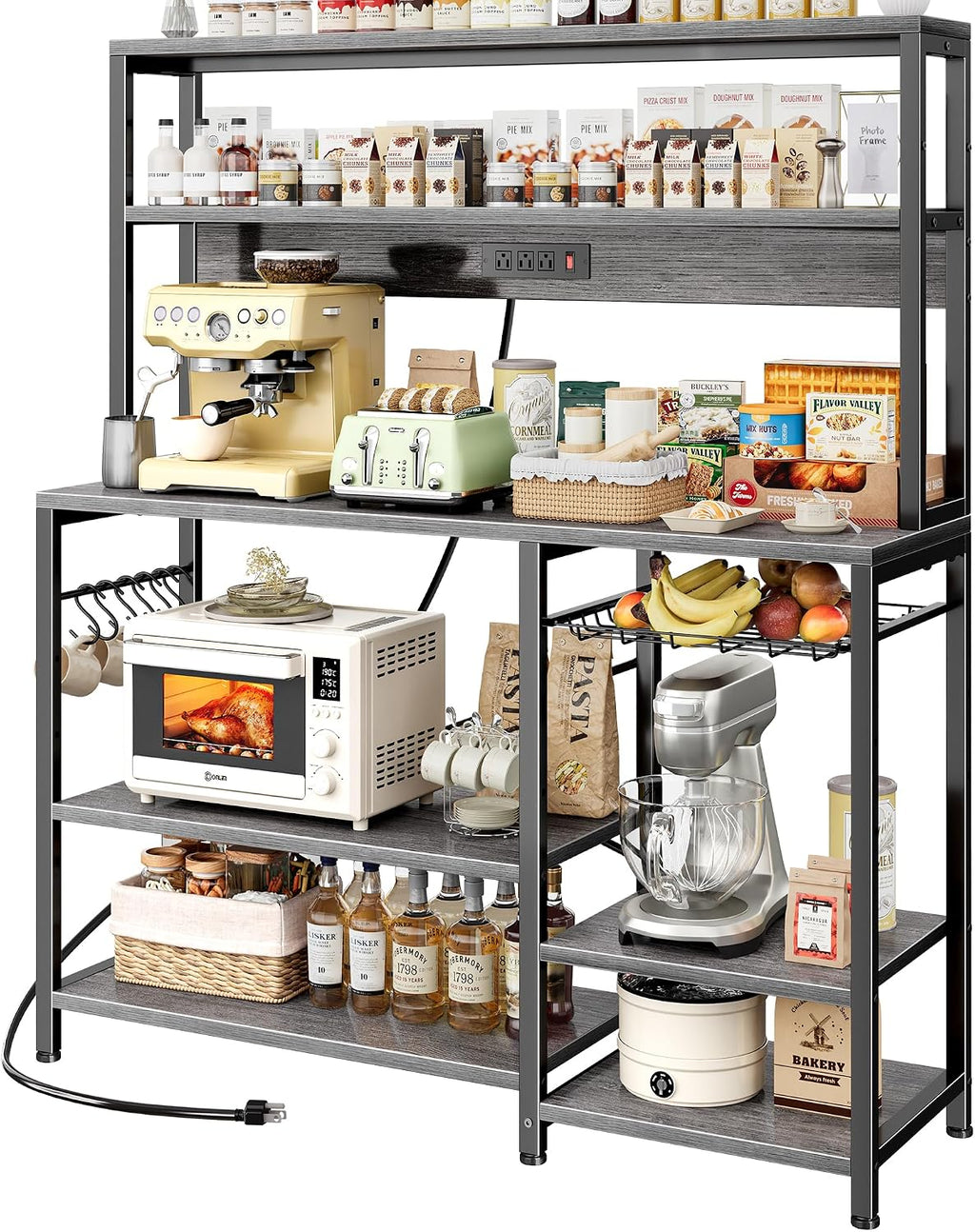 SUPERJARE Bakers Rack with Power Outlet, 47.2 Inches Coffee Bar with 3 Level-Adjustable Open Shelves, Wire Basket, Kitchen Microwave Stand with 6 S-Shaped Hooks, Grey