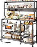 SUPERJARE Bakers Rack with Power Outlet, 47.2 Inches Coffee Bar with 3 Level-Adjustable Open Shelves, Wire Basket, Kitchen Microwave Stand with 6 S-Shaped Hooks, Grey