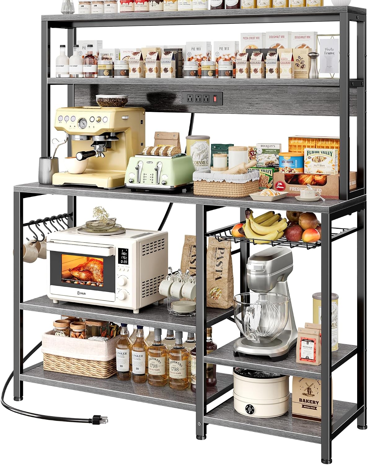 SUPERJARE Bakers Rack with Power Outlet, 47.2 Inches Coffee Bar with 3 Level-Adjustable Open Shelves, Wire Basket, Kitchen Microwave Stand with 6 S-Shaped Hooks, Grey