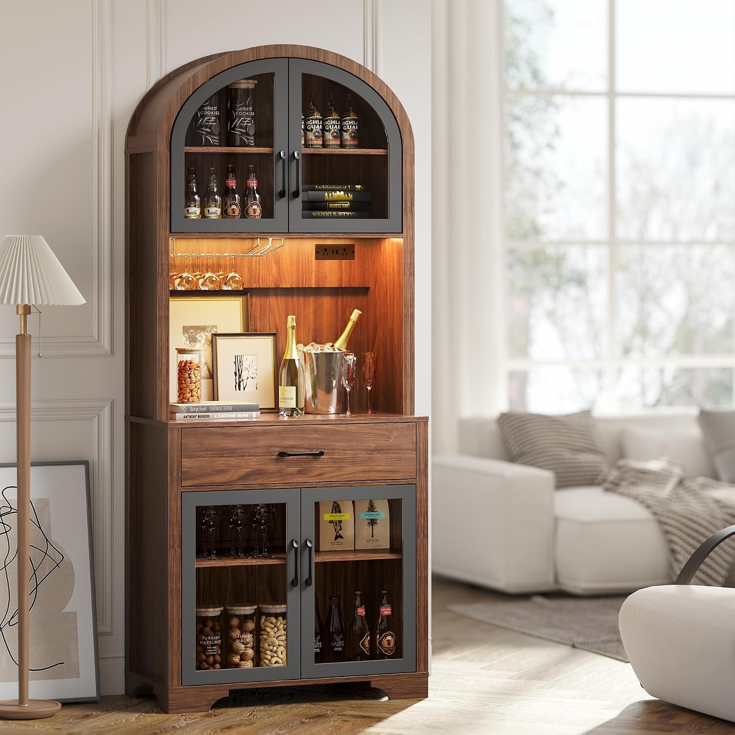 75' Tall Arched Pantry Cabinet with Charging Station & LED Light, Kitchen Pantry Cabinet with Microwave Stand, Drawers and Adjustable Shelf, Coffee Bar Liquor Cabinet for Dining Room