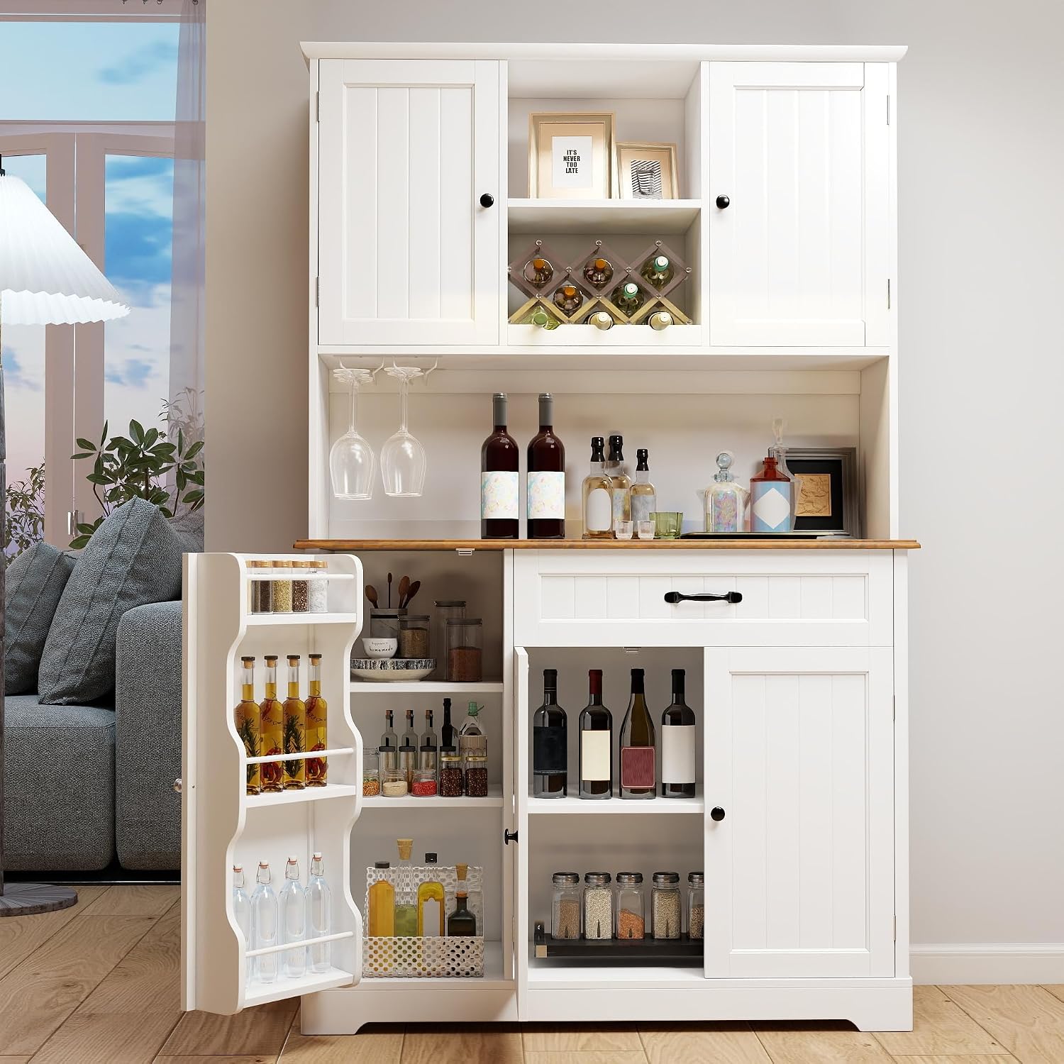 Gizoon Kitchen Pantry Cabinet with Countertop Kitchen Hutch Storage Cabinet 67.7' Tall Pantry Coffee Bar with Storage for Dining Room and Craft Room, White and Rustic