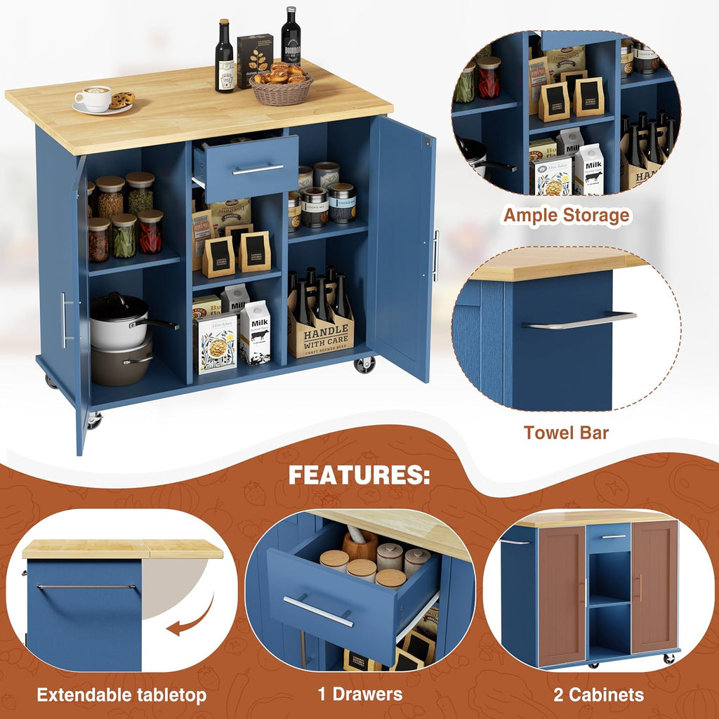 JY QAQA 42' Kitchen Island with Storage on Wheels, Rolling Table with Drop Leaf, Drawers, Cart Handle for Towel Rack or Free Movement, Blue