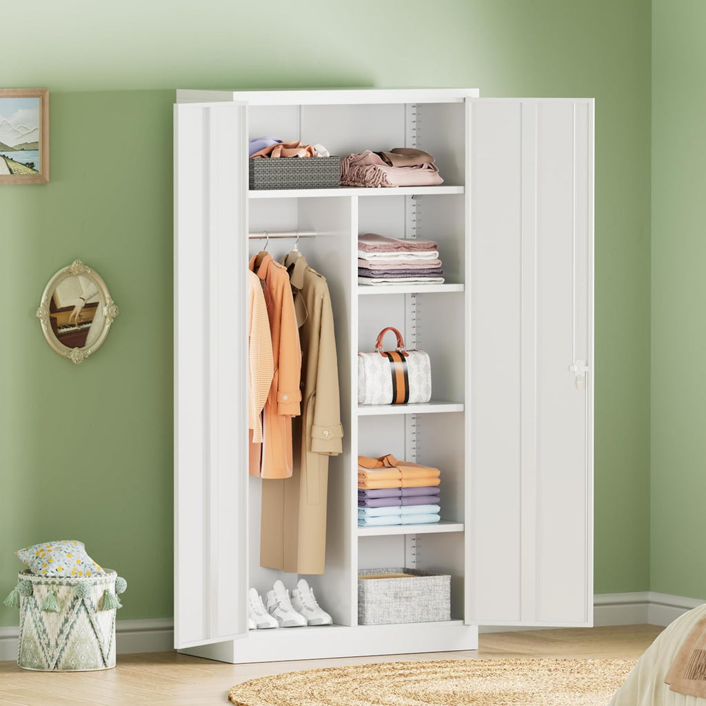 INTERGREAT Metal Wardrobe Closet, 71' White Locking Storage Wardrobe Cabinet with Doors and Shelves, Tall Steel Clothes Storage for Office, Home, School, Gym