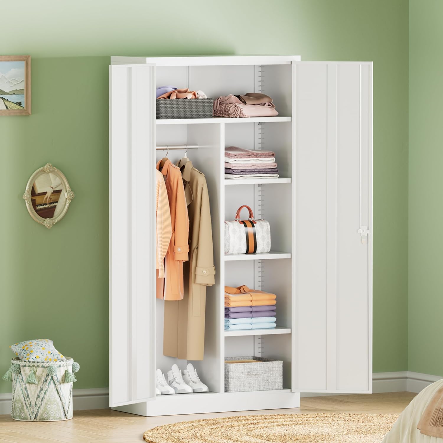 INTERGREAT Metal Wardrobe Closet, 72' Locking Storage Wardrobe Cabinet with Doors and Shelves, 18' D x 36' W Steel Clothes Storage Cabinets for Office, Home, School, Gym（White）