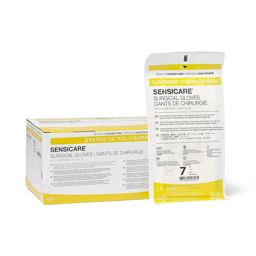 Medline SensiCare Surgical Gloves with Aloe Vera, Powder-Free, Sterile, Size 7, White (Pack of 100)