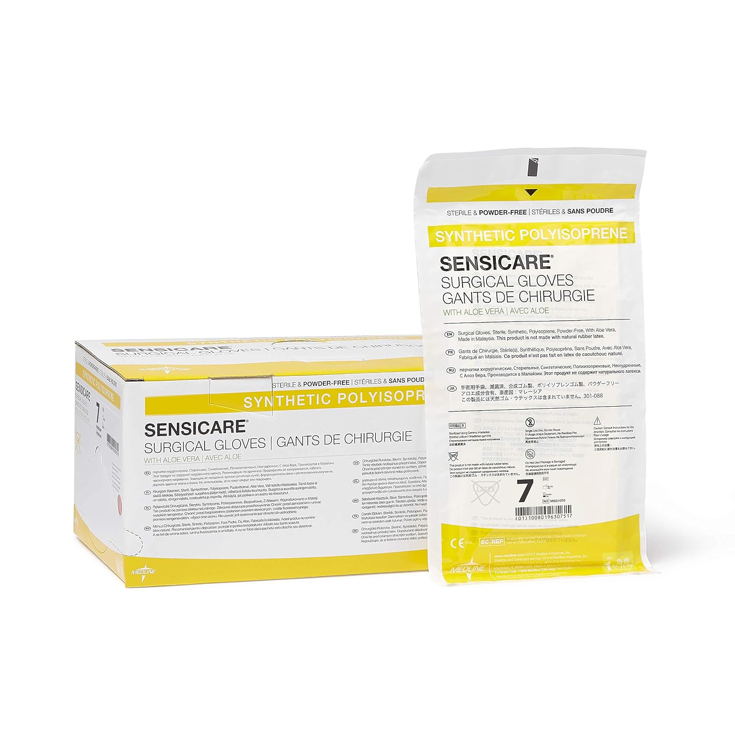 Medline SensiCare Surgical Gloves with Aloe Vera, Powder-Free, Sterile, Size 7, White (Pack of 100)
