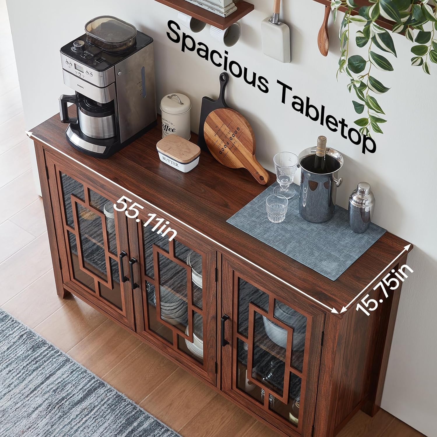 Joaxswe Large Sideboard Buffet Cabinet with Storage, 55' Farmhouse Kitchen Coffee Wine Bar Cabinet with 3 Glass Doors, Wood Mid Century Modern Side Board Table for Dining Room, Living Room,Brown
