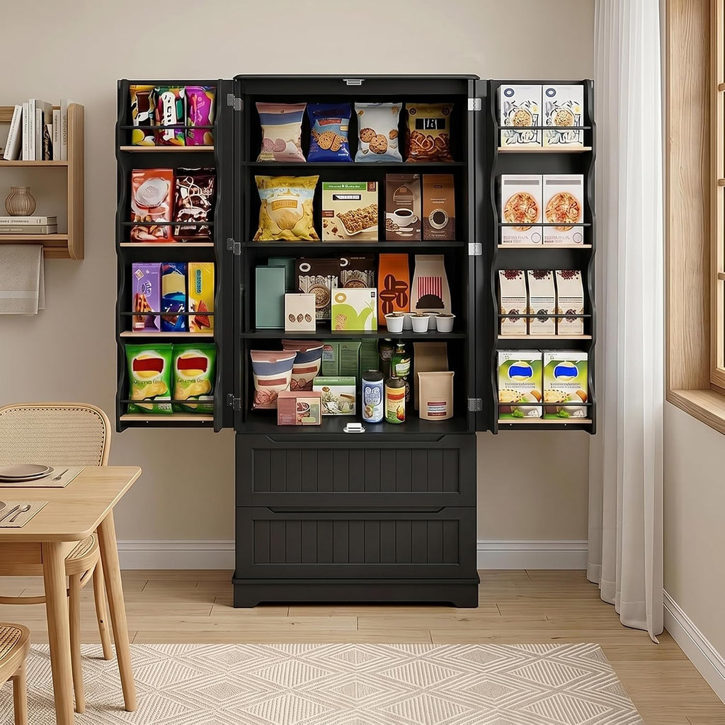 Gizoon 71' Tall Kitchen Pantry Cabinet with Drawers for Dining Room, Food Pantry Storage Cabinet with 8 Doors Shelves for Snack and Spice, Large Craft Storage Cabinet for Craft Room, Black, Painted