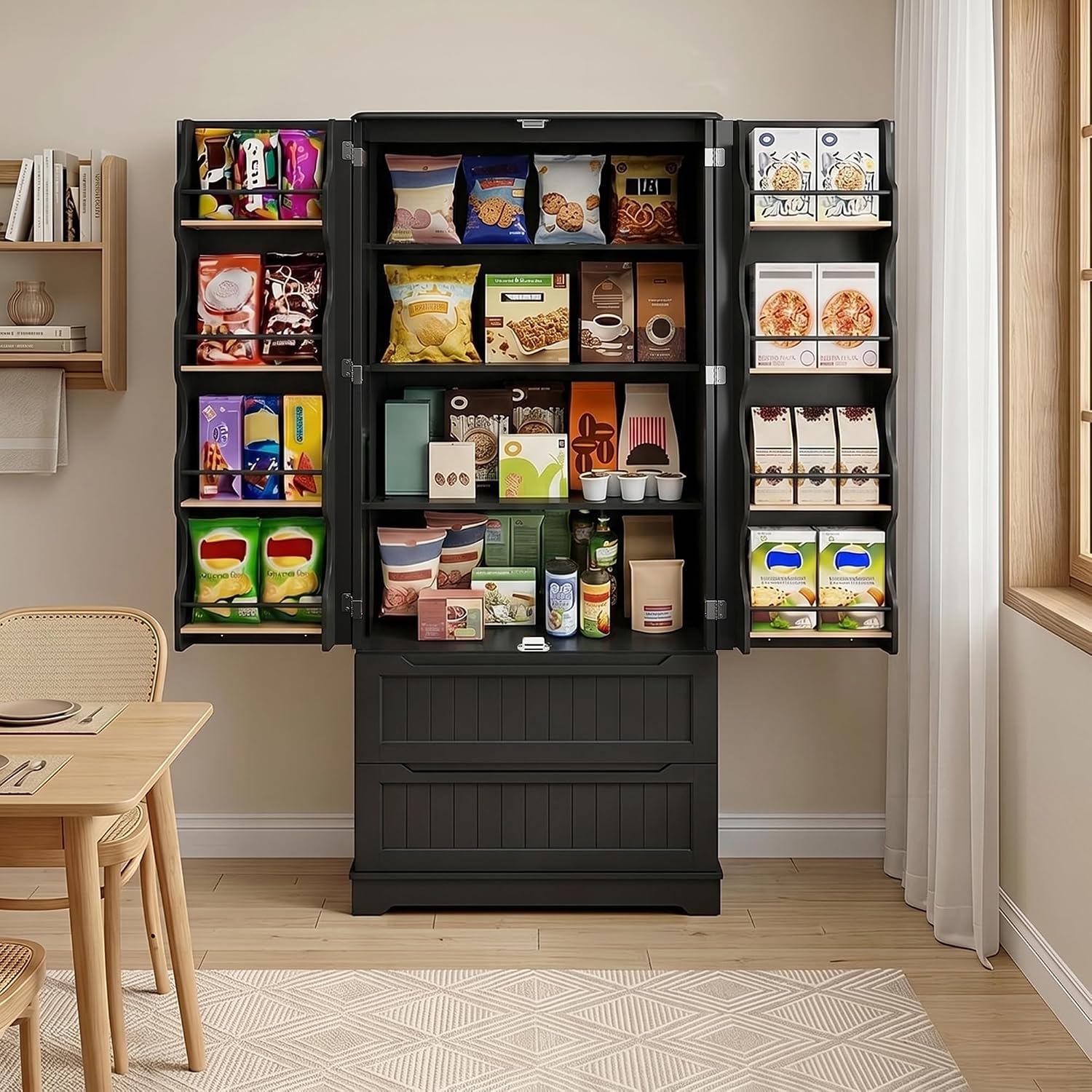 Gizoon 71' Tall Kitchen Pantry Cabinet with Drawers for Dining Room, Food Pantry Storage Cabinet with 8 Doors Shelves for Snack and Spice, Large Craft Storage Cabinet for Craft Room, Black, Painted
