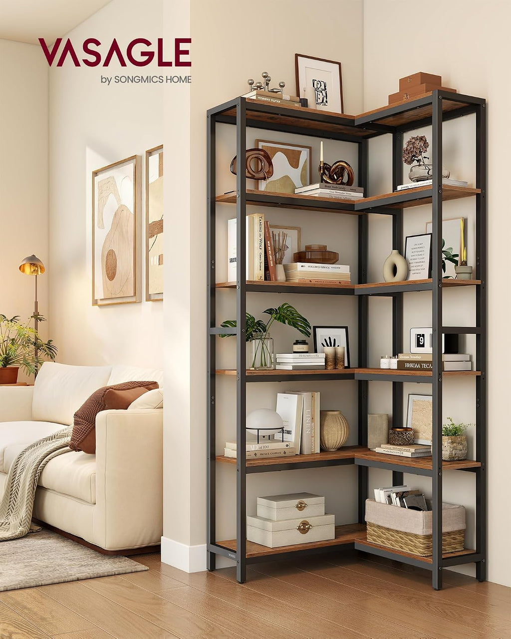 VASAGLE 6 Tier Bookshelf with Metal Frame, Convertible Industrial Corner Shelf, 9.4 x 40.2 x 69 Inches, for Living Room, Bedroom, Home Office, Rustic Brown and Ink Black ULLS606K01