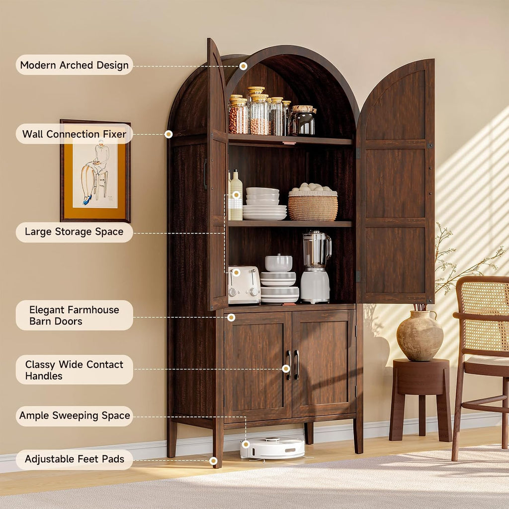 ONBRILL 71' Tall Wooden Arched Cabinet, 5-Tier Arched Kitchen Pantry Cabinet with Doors & Shelves, Farmhouse Kitchen Arch Cabinets with Adjustable Feet, Wooden Pantry Storage for Dining Room(Brown)