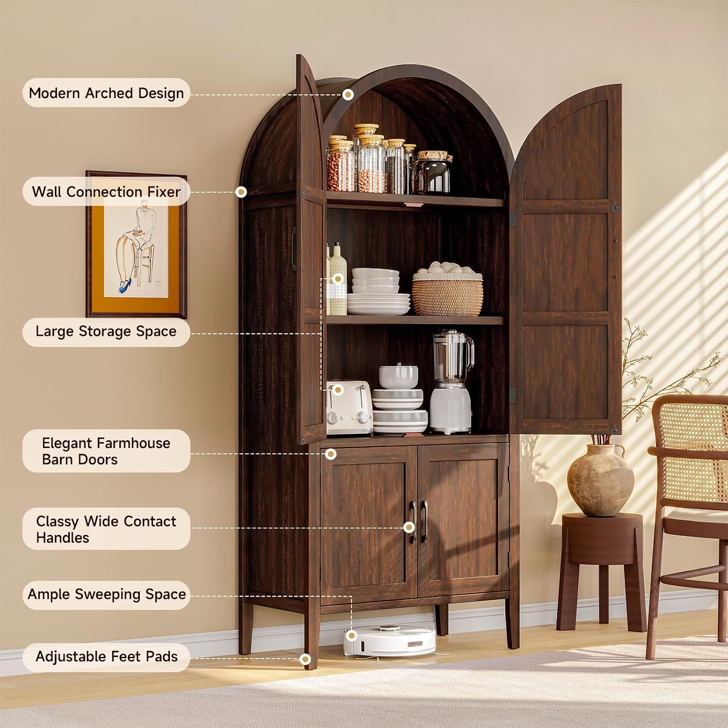 ONBRILL 71' Tall Wooden Arched Cabinet, 5-Tier Arched Kitchen Pantry Cabinet with Doors & Shelves, Farmhouse Kitchen Arch Cabinets with Adjustable Feet, Wooden Pantry Storage for Dining Room(Brown)