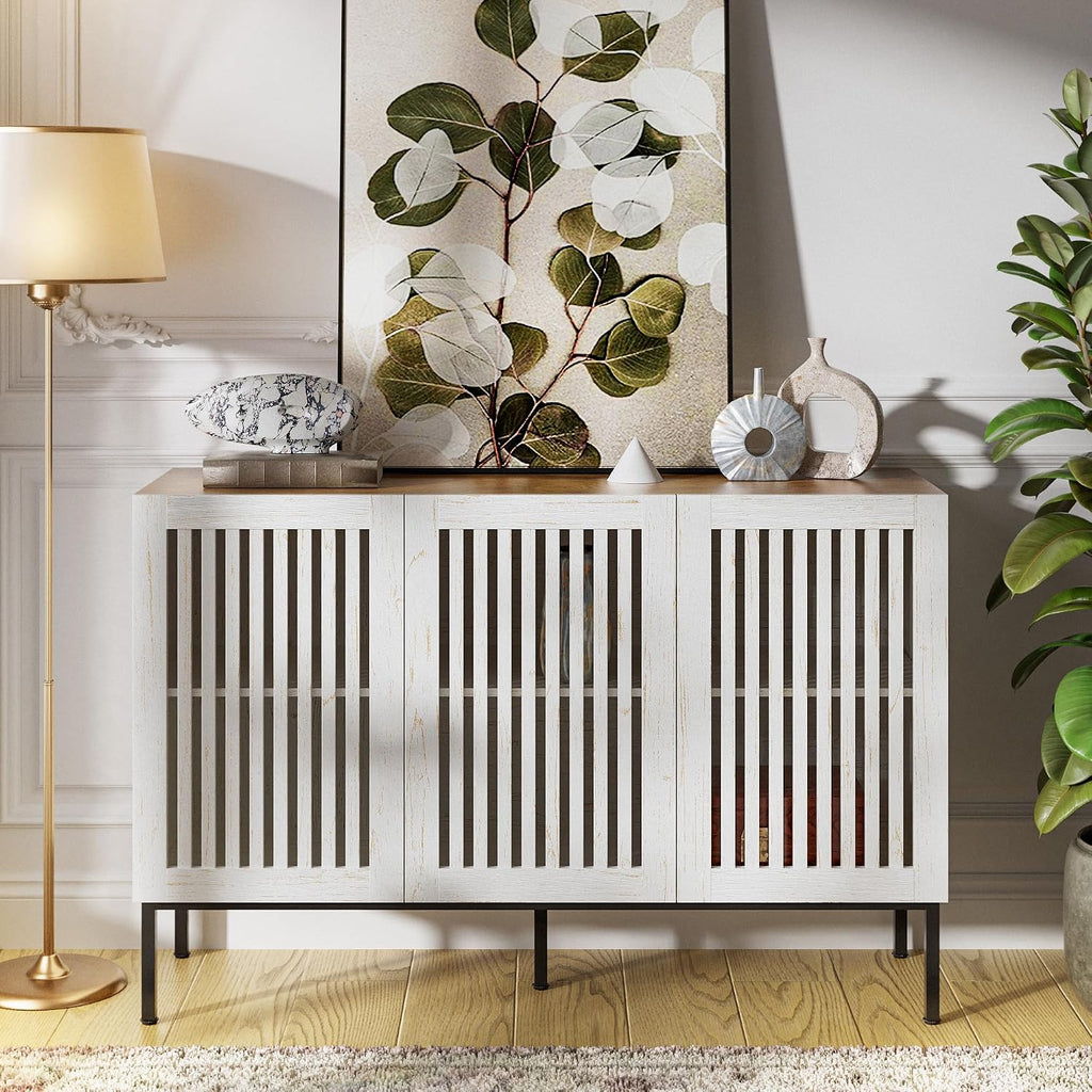 BVIUNTWO 47' Farmhouse Buffet Cabinet with Metal Base, Adjustable Shelves & 3 Doors, Antique White Storage Sideboard for Kitchen, Dining & Living Room