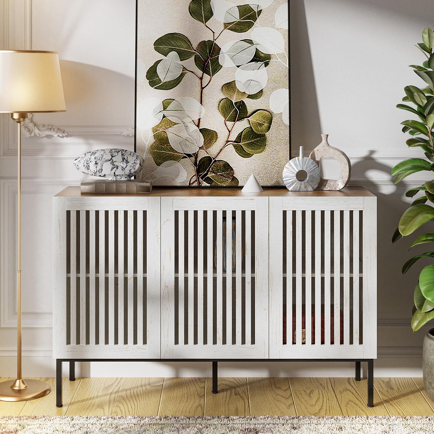 BVIUNTWO 47' Farmhouse Buffet Cabinet with Metal Base, Adjustable Shelves & 3 Doors, Antique White Storage Sideboard for Kitchen, Dining & Living Room