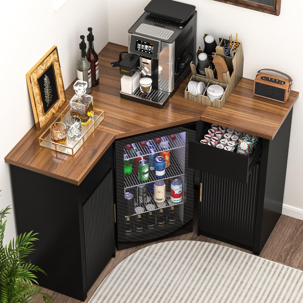 GDLF Corner Bar Cabinet with Fridge Space, Corner Coffee Bar Station with Storage, L Shaped Liquor Wine Cabinet for Home