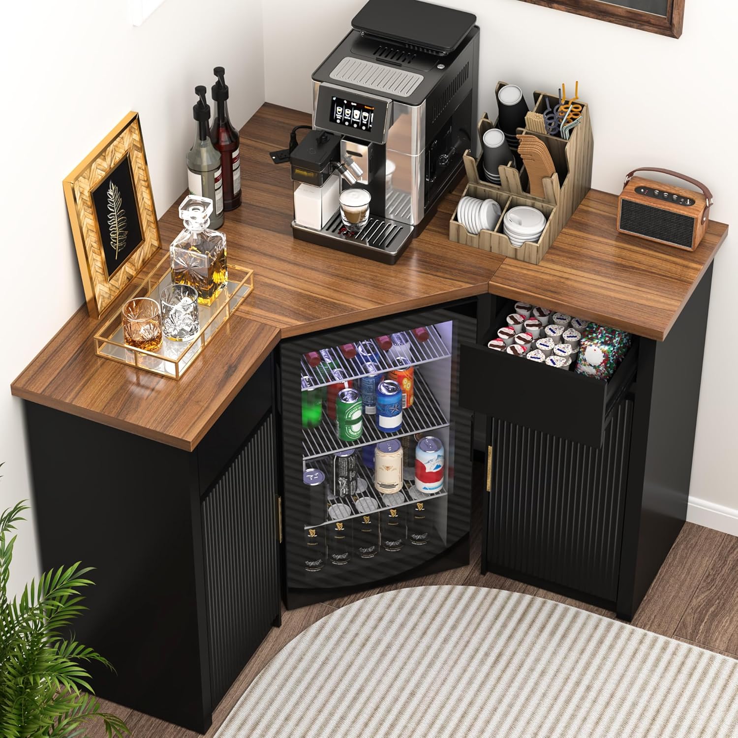 GDLF Corner Bar Cabinet with Fridge Space, Corner Coffee Bar Station with Storage, L Shaped Liquor Wine Cabinet for Home