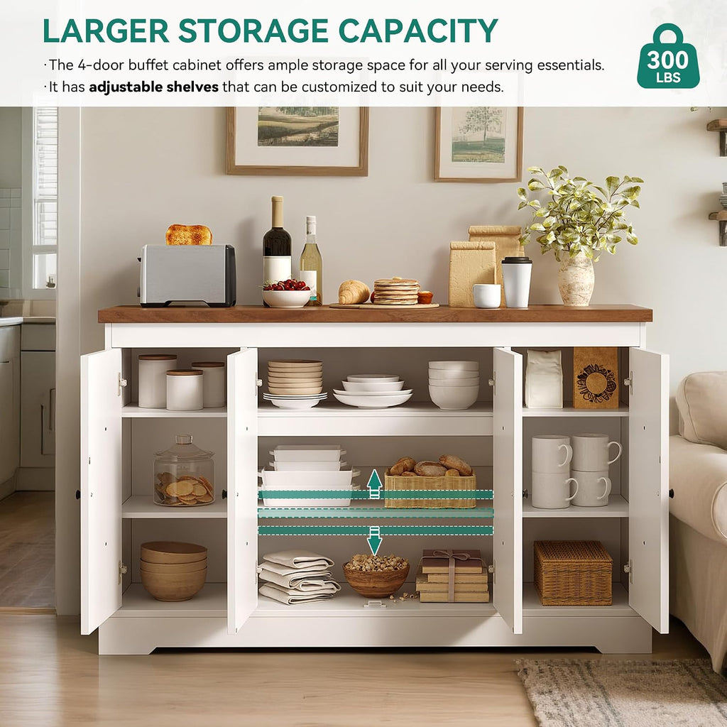 YITAHOME Sideboard Buffet Cabinet with Storage, 59' Buffet Storage with 4 Doors, Modern Farmhouse Coffee Bar Station Wood Kitchen Table with Adjustable Shelves for Kitchen, Living Room (White)