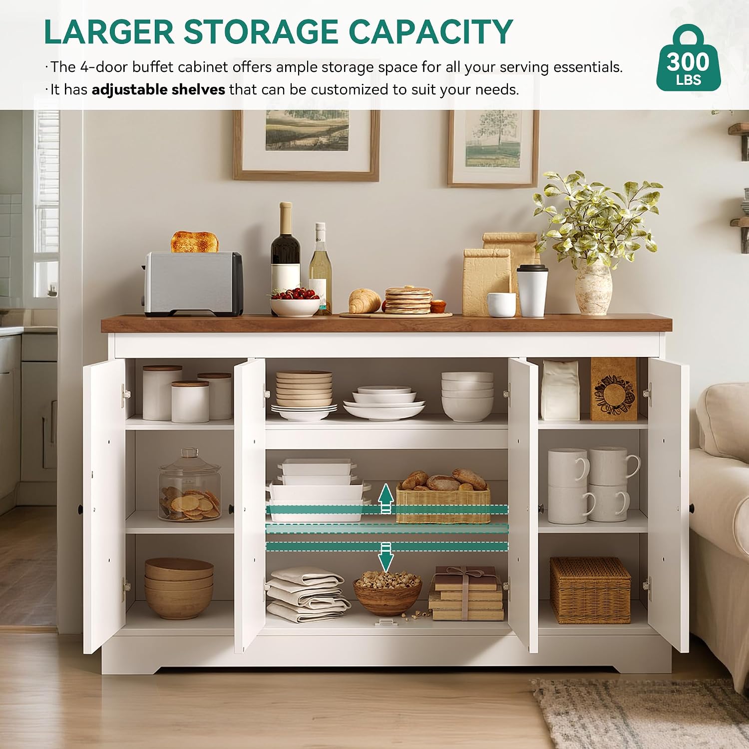 YITAHOME Sideboard Buffet Cabinet with Storage, 59' Buffet Storage with 4 Doors, Modern Farmhouse Coffee Bar Station Wood Kitchen Table with Adjustable Shelves for Kitchen, Living Room (White)