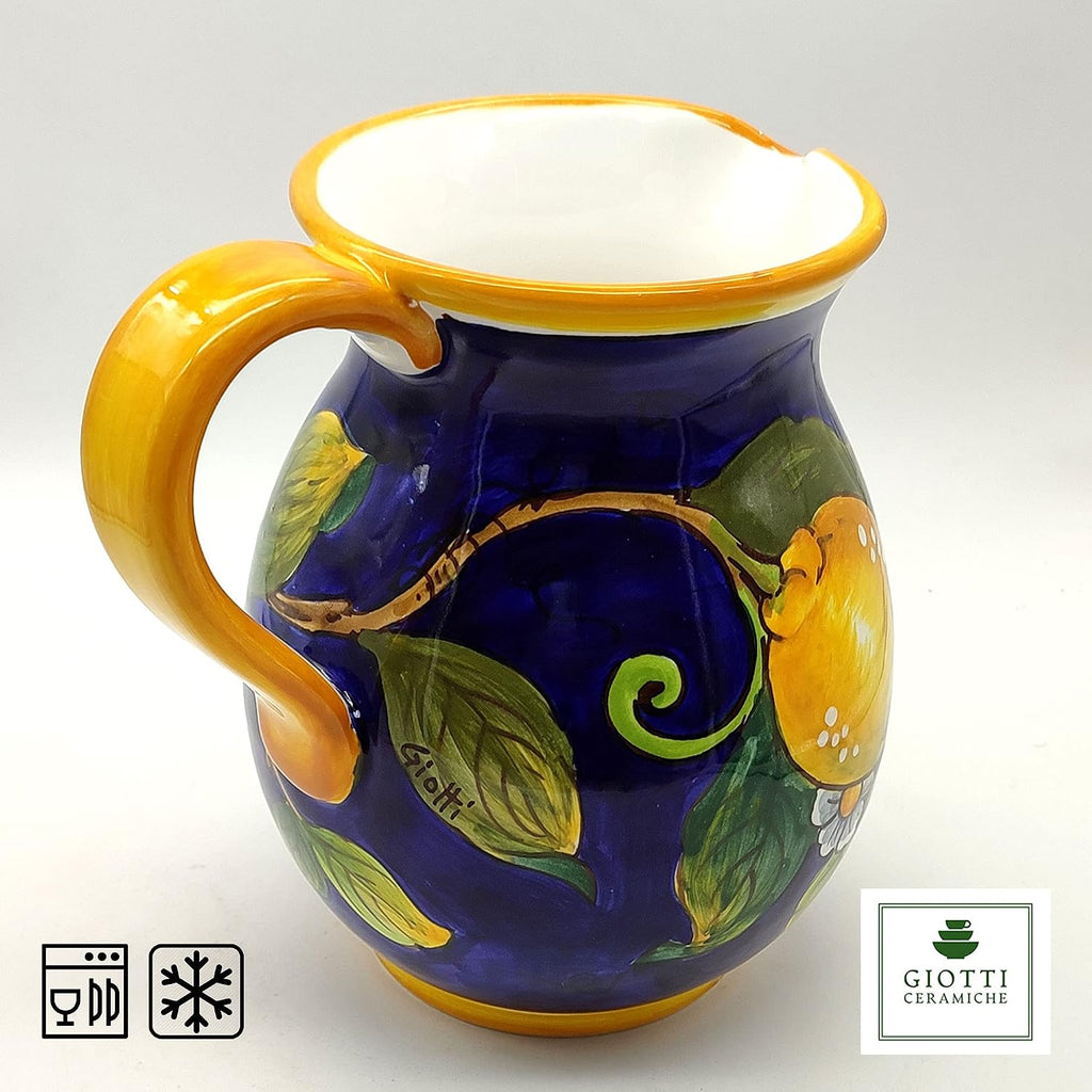 Italian Ceramic Pitcher Lemon Blue - 33 oz Hand Painted Utensil Holder Or Carafe Design for Kitchen - Made in ITALY Tuscany - Italian Pottery Vase Jar for Wine - Home Decor Ceramics Dispenser