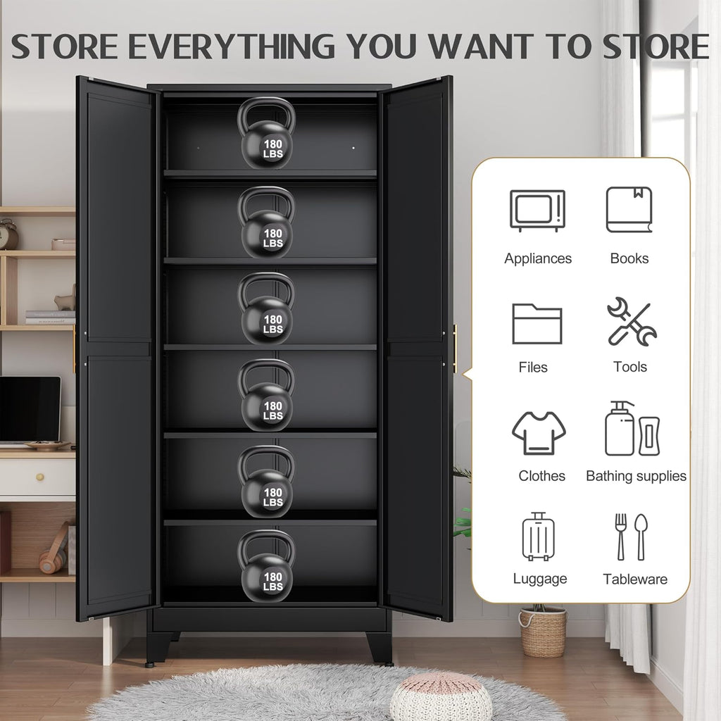 GAIOUS 75.2' Tall Storage Cabinet, Pantry Storage Cabinets with 2 Door and 5 Adjustable Shelves, Black Kitchen Food Cabinet, Metal Utility Cabinets for Kitchen, Dinning Room, Laundry Room