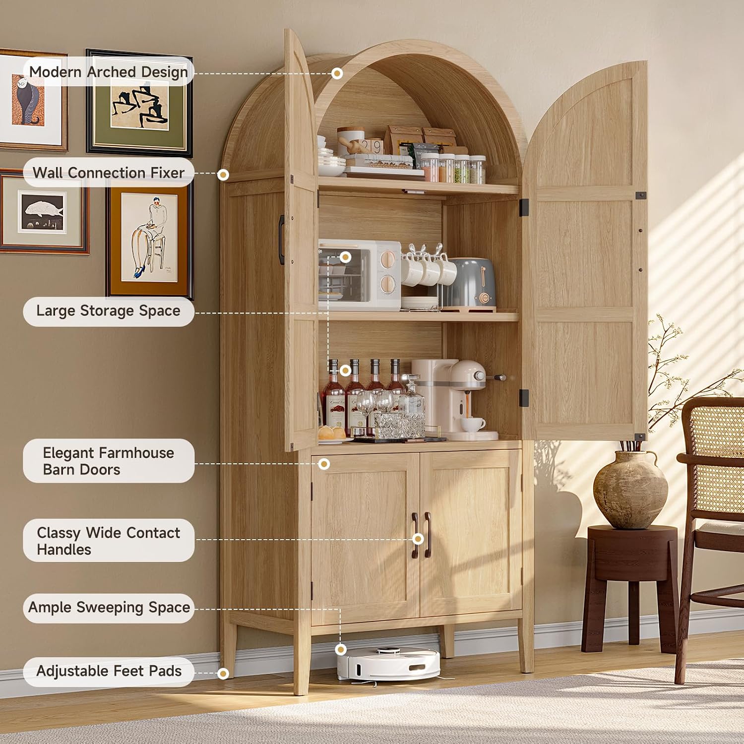 ONBRILL 71' Tall Wooden Arched Cabinet, 5-Tier Arched Kitchen Pantry Cabinet with Doors & Shelves, Farmhouse Kitchen Arch Cabinets with Adjustable Feet, Wooden Pantry Storage for Dining Room(Oak)