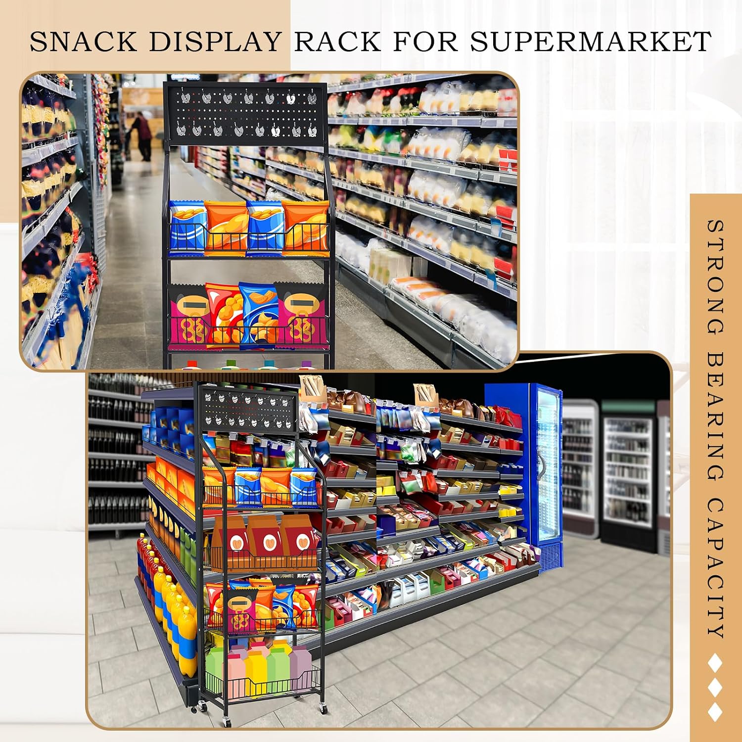 DoubleFill 2 Set Retail Display Rack Shelf Cart with Wheels and Hook Heavy-Duty Metal Snack Potato Chip Display Organizer Concession Stand for Supermarket Grocery Store Home Black (4 Tier 15 Hooks)