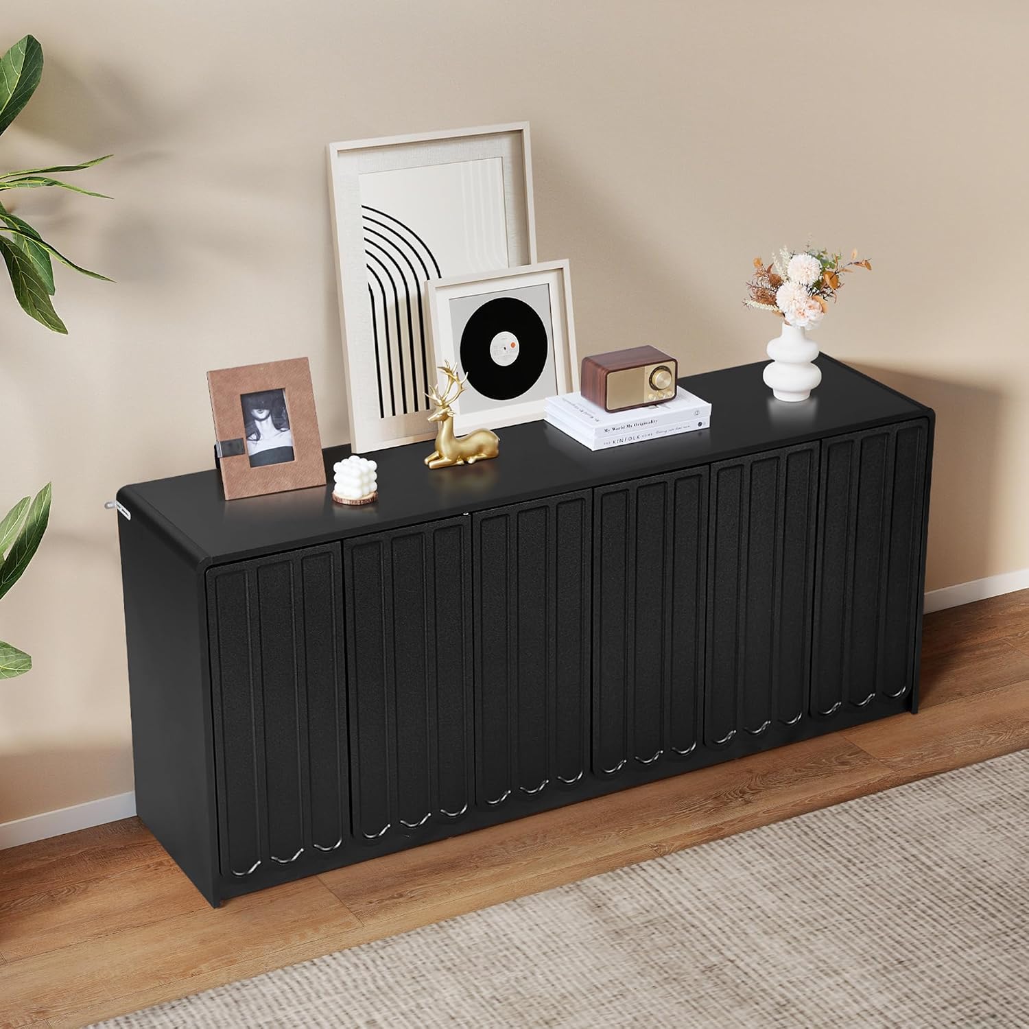 ORRD Sideboard Buffet Cabinet with Storage, Low Storage Cabinet Modern Wooden Accent Credenza Console Table TV Stand with 6 Wave Panel Doors for Kitchen Dining Living Room Entryway, Black
