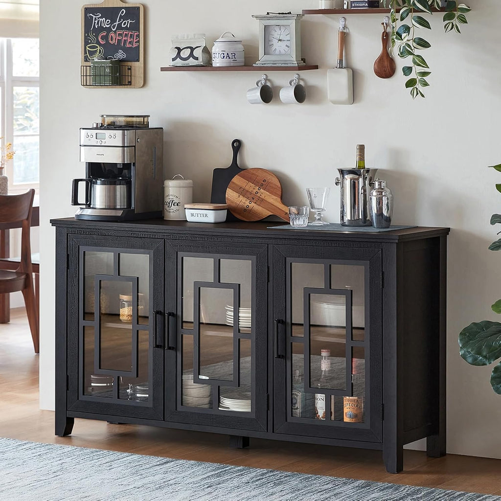 Joaxswe Large Sideboard Buffet Cabinet with Storage, 55' Farmhouse Black Kitchen Coffee Wine Bar Cabinet with 3 Glass Doors, Wood Mid Century Modern Side Board Table for Dining Room, Living Room
