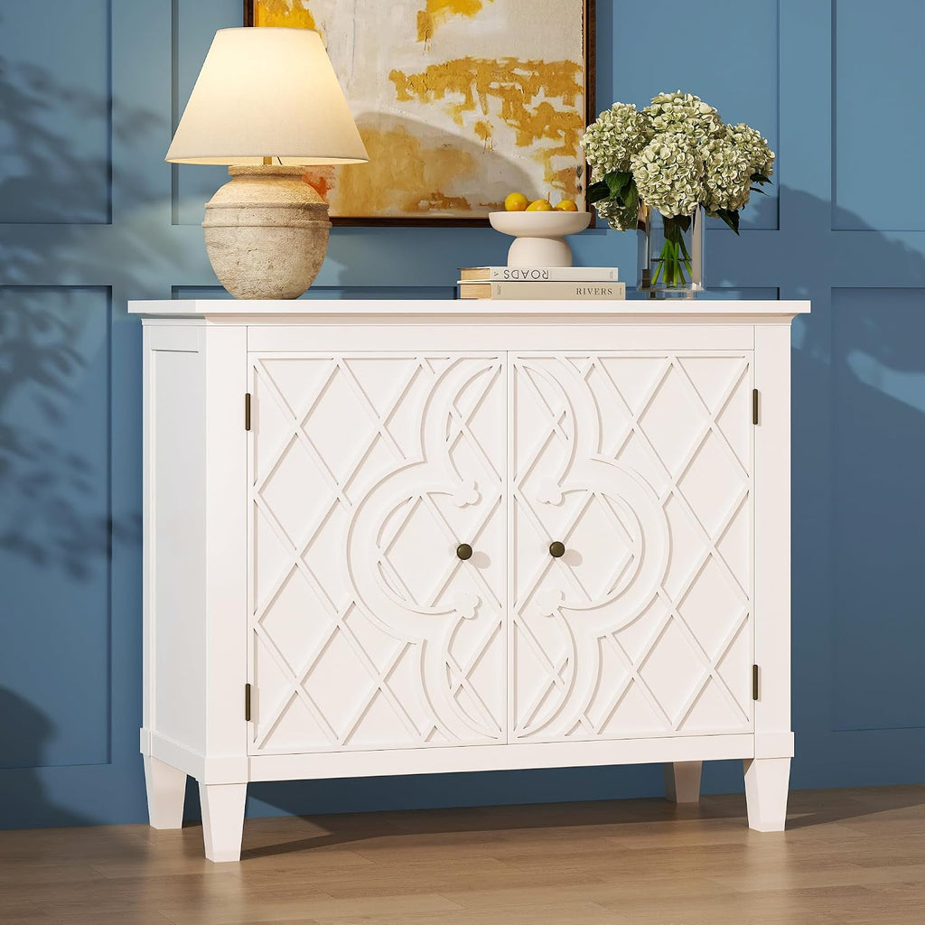 40' Coffee Bar Cabinet with Shelf, Craft Storage Cabinet with Doors, Wood Cabinet, Charming Carved Motif, Entry Way Cabinet with Storage, Sideboard Buffet for Living Room, Kitchen, Distressed White