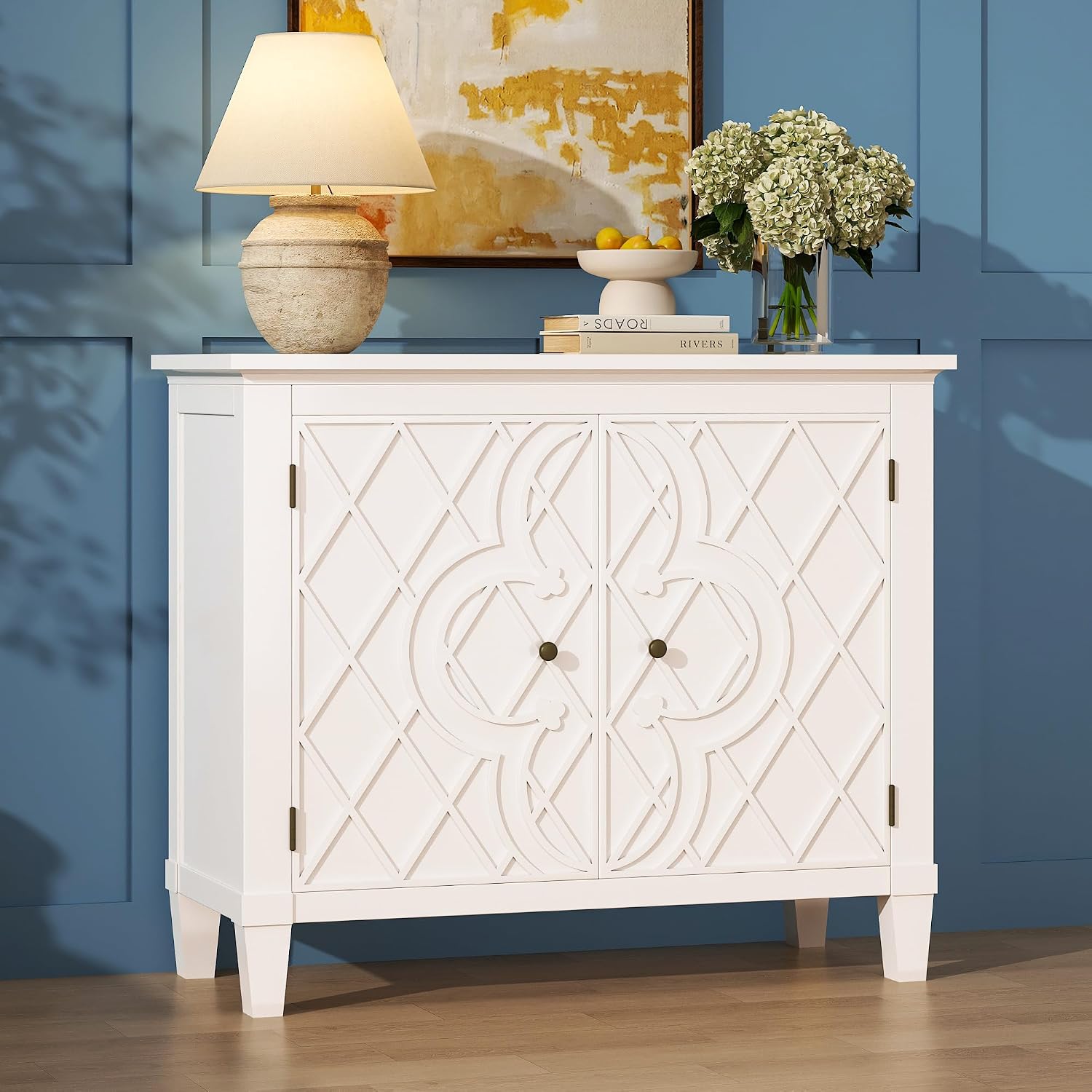 40' Coffee Bar Cabinet with Shelf, Craft Storage Cabinet with Doors, Wood Cabinet, Charming Carved Motif, Entry Way Cabinet with Storage, Sideboard Buffet for Living Room, Kitchen, Distressed White