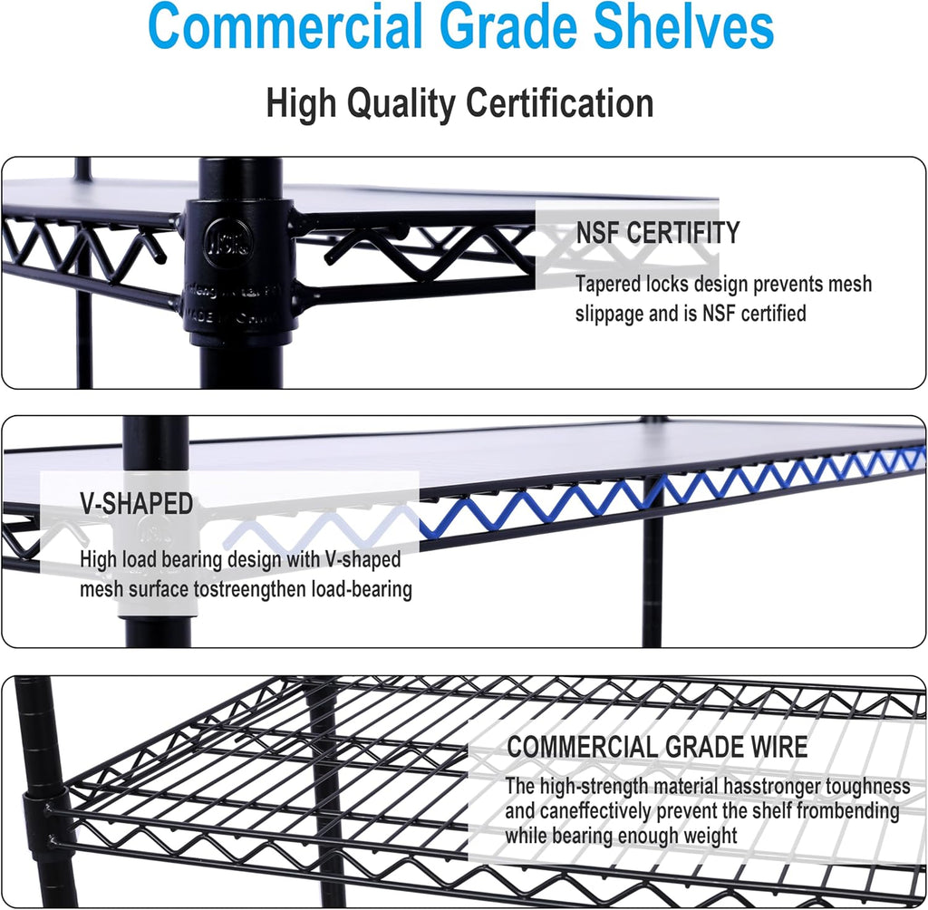 Heavy-Duty 6-Tier NSF Commercial Shelving Unit - 6000LB Capacity Adjustable Metal Storage Rack with Wheels, 84' H x 48' L x 20' D, Steel Wire Shelving for Warehouse/Garage/Restaurant (Black)