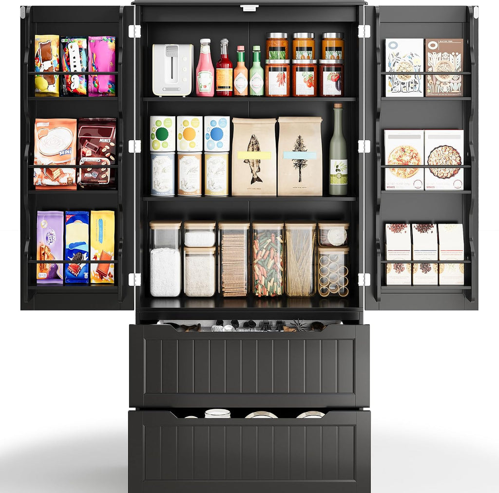 Gizoon Kitchen Storage Cabinets with Drawers Freestanding Kitchen Pantry with Doors and Shelves, 63' Food Pantry Cabinet for Dining Room Craft Room, Black, Painted