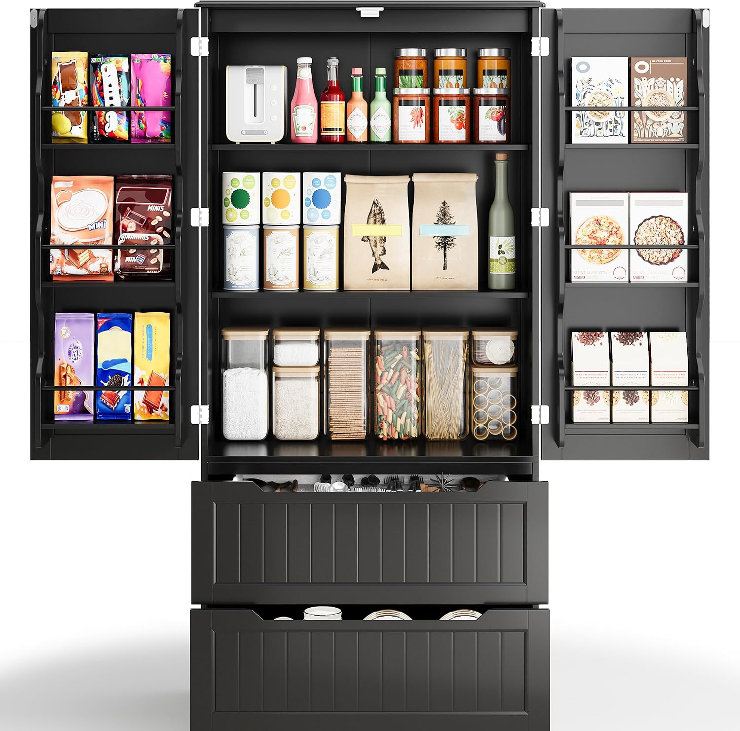 Gizoon Kitchen Storage Cabinets with Drawers Freestanding Kitchen Pantry with Doors and Shelves, 63' Food Pantry Cabinet for Dining Room Craft Room, Black, Painted