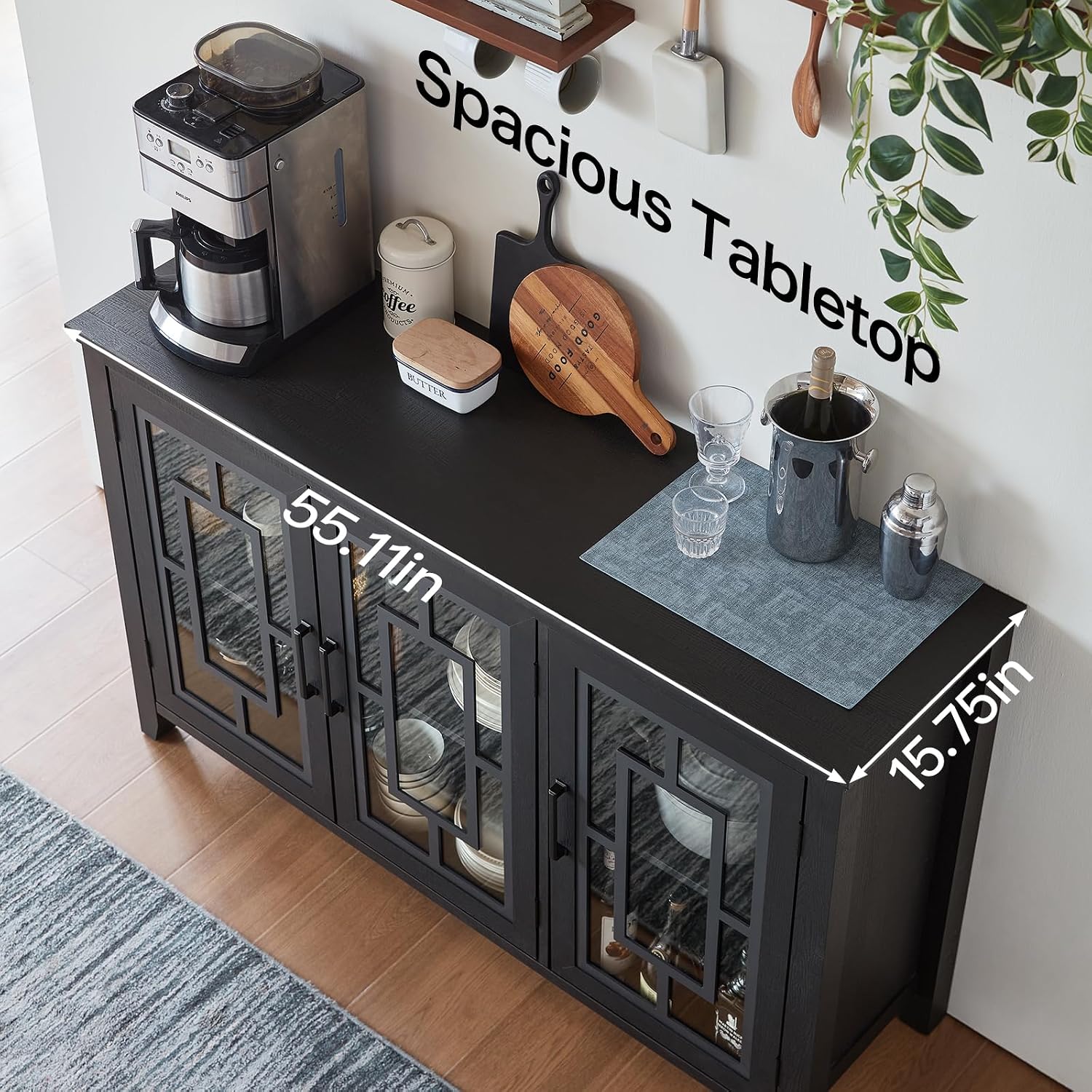 Joaxswe Large Sideboard Buffet Cabinet with Storage, 55' Farmhouse Black Kitchen Coffee Wine Bar Cabinet with 3 Glass Doors, Wood Mid Century Modern Side Board Table for Dining Room, Living Room