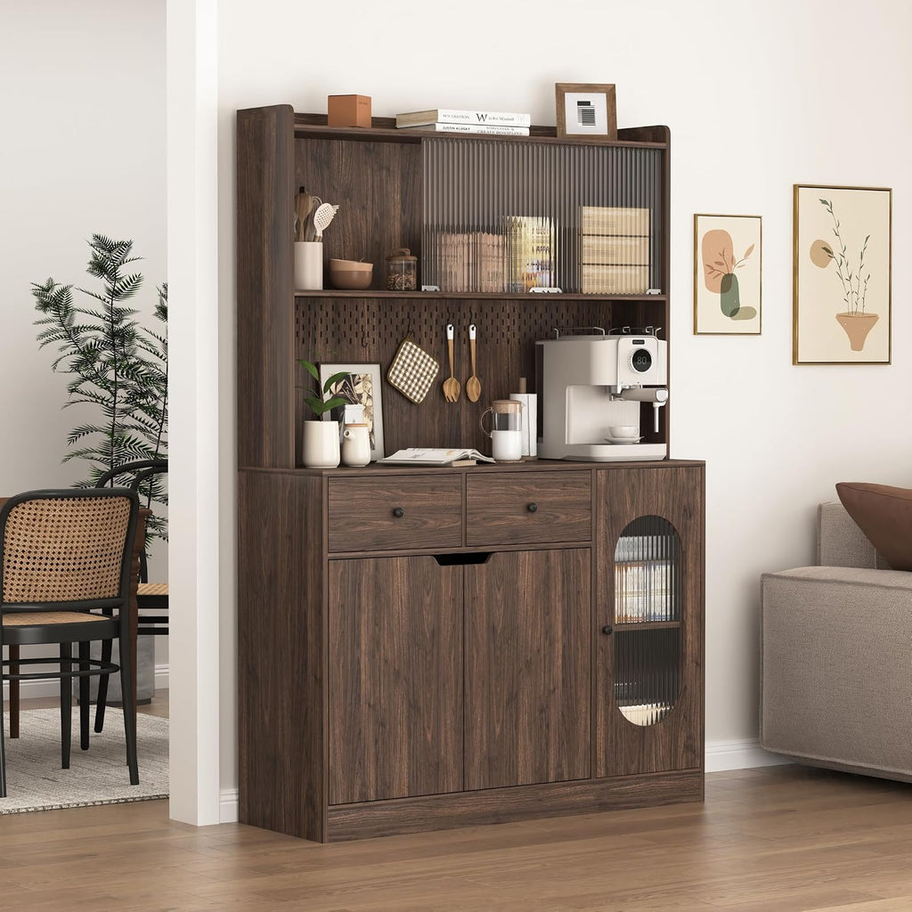 71' Tall Kitchen Pantry Storage Cabinet, Large Capacity Display Cabinet with Reeded Glass Doors and Microwave Stand, Bakers Racks with Storage for Kitchens, Pantry, Living Room