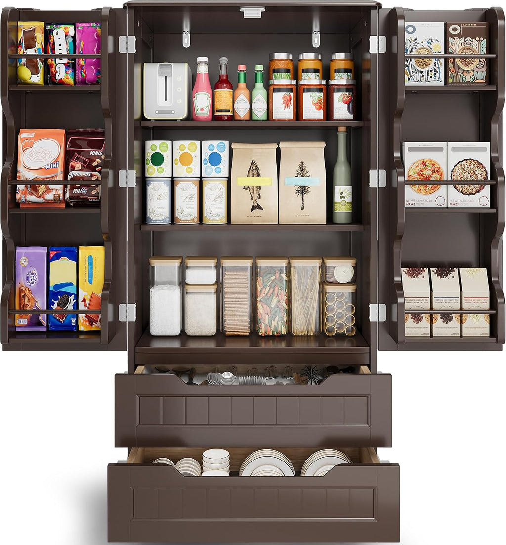 Gizoon Kitchen Pantry Cabinet with Drawers, 47' Small Food Pantry Storage Cabinet with 6 Door Shelves for Snack and Spice, Freestanding Craft Storage Cabinet for Craft Room, Dark Brown, Painted