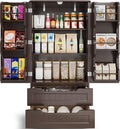 Gizoon Kitchen Pantry Cabinet with Drawers, 47' Small Food Pantry Storage Cabinet with 6 Door Shelves for Snack and Spice, Freestanding Craft Storage Cabinet for Craft Room, Dark Brown, Painted