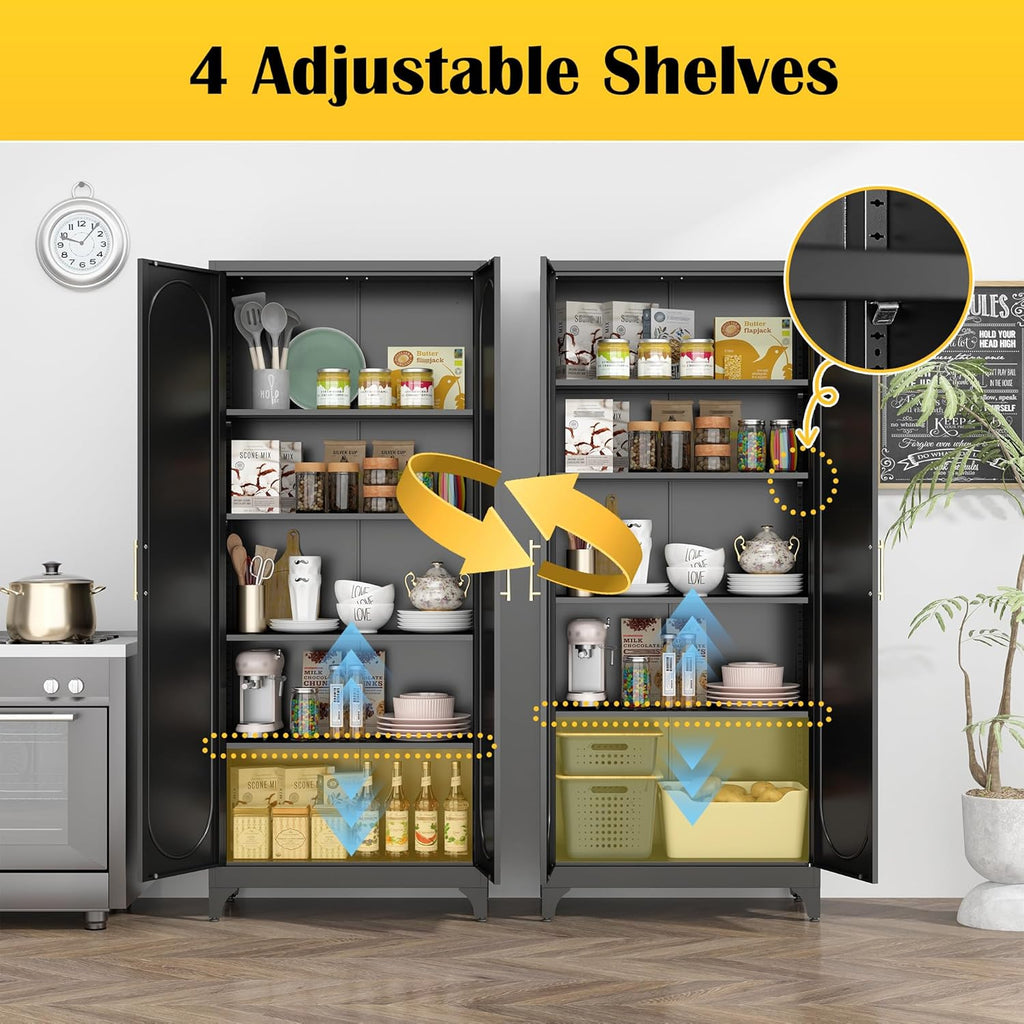 SteeLoong Kitchen Pantry Cabinet,75 Inch Black Metal Storage Cabinet with Door and Adjustable, Tall Pantry Cabinets for Kitchen Storage,Cupboard for Living Room,Dining Room and Bathroom
