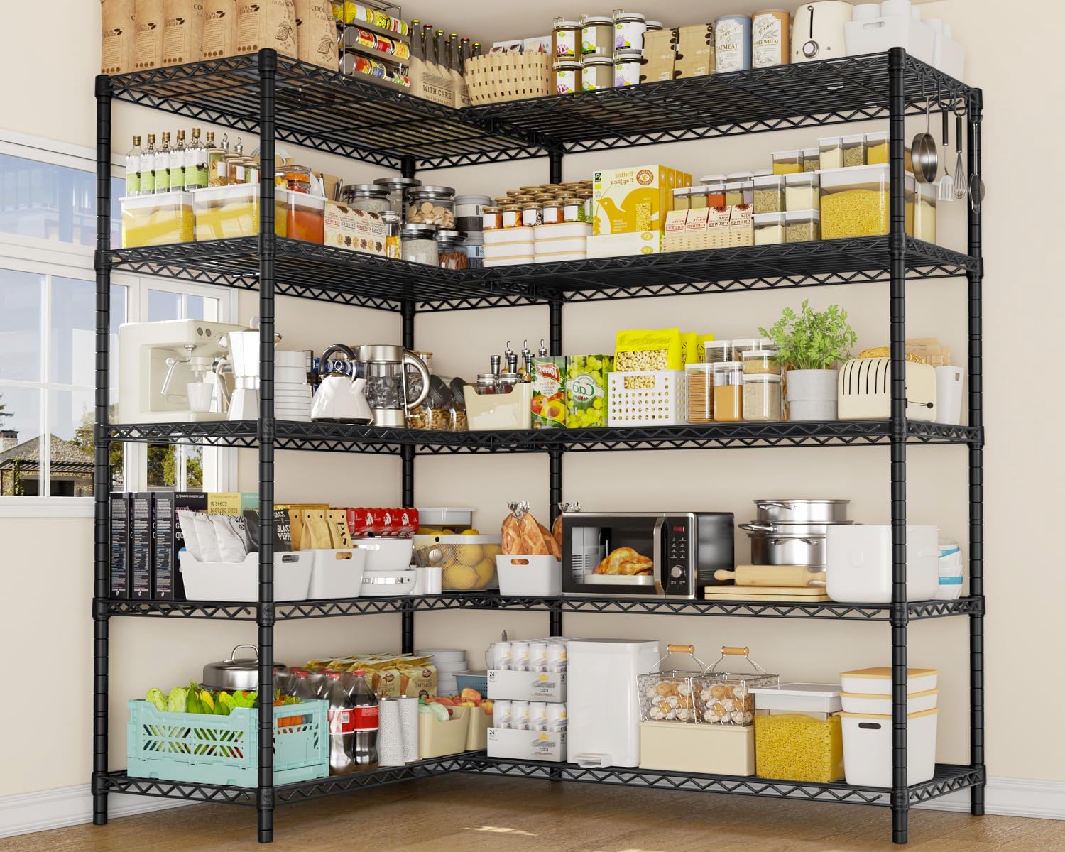 PrimeZone 5 Tier 72' W x 16''D x 76''H Metal Storage Wire Shelves - Heavy Duty Standing Garage Shelving Unit, Adjustable Steel Wire Rack Utility Shelf for Warehouse Kitchen Pantry Corner, Black
