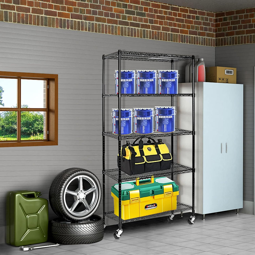 Black Storage Shelves, Heavy Duty Steel Wire Shelving Unit with Wheels,Adjustable Shelf, Used as Pantry Shelf, Garage or Bakers Rack Kitchen Shelving,Rolling Storage Rack, Corner Rack 90 x 45 x 180CM