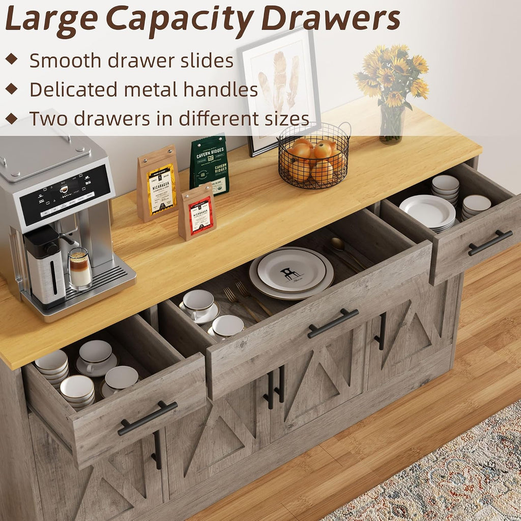 Farmhouse Buffet Cabinet, Accent Storage Cabinet with Doors and 3 Drawers, Wide Sideboard Coffee Bar Cabinets for Living Room, Kitchen, Ivory